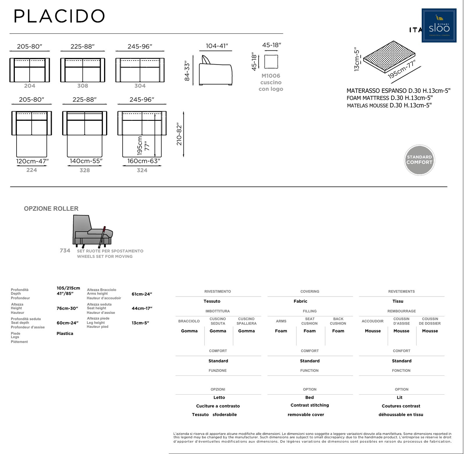 Disegno quotato Placido con tutte le misure in centimetri